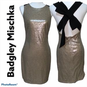 Badgley Mischka Gold Sequined Cocktail Dress Sz 6